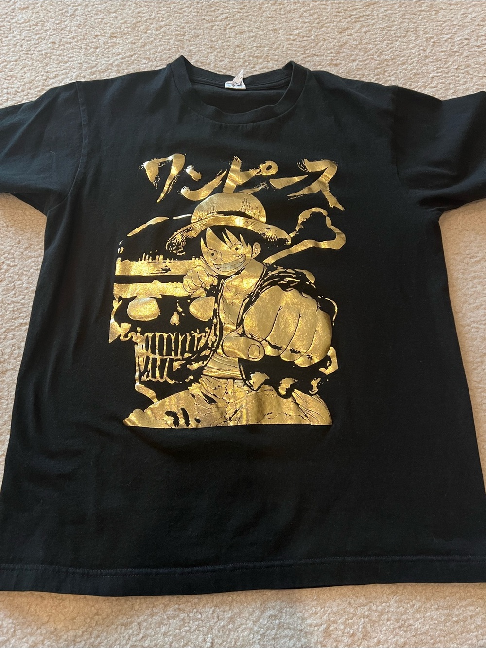 Onepiece Black Short-Sleeve Tee with Metallic Gold Luffy Graphic